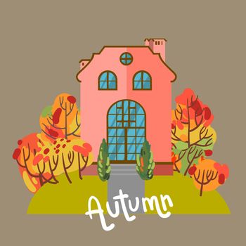 A cute house among autumn bright trees. Beautiful vector illustration.