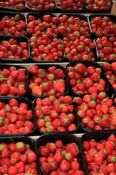 Strawberries in small containers on a market stall