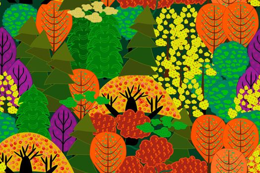 Seamless pattern with autumn forest. Stylized colorful trees.