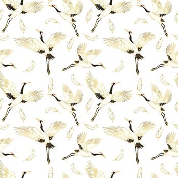 Decorative kimono floral motif background pattern with crane and flowers