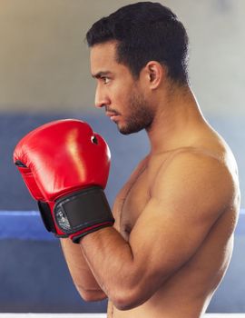 Form and focus. a handsome young male boxer standing with his guard up during a fight in the ring.