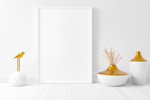 Blank empty picture frame mockup on white cement wall.