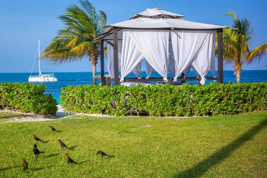 Tropical paradise: Cancun beach with gazebo and sailboat, Riviera Maya