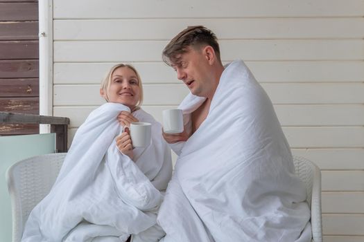 Happy drink blanket girl couple guy cute married young enjoy, concept two romantic from rest for white cozy, awake affection. Women handsome tenderness,