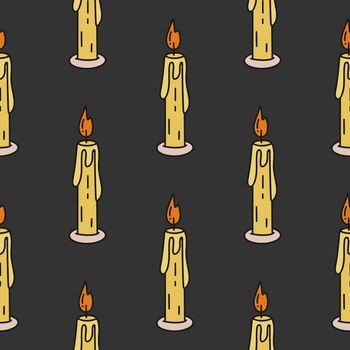 Burning candles on dark background seamless pattern vector illustration