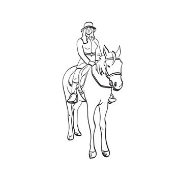 woman riding on horseback illustration vector hand drawn isolated on white background line art.