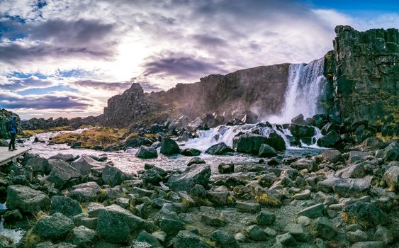 Thingvellir national park waterfall panorama in Iceland