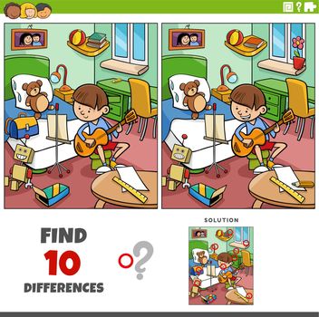 differences game with cartoon boy with guitar in his room