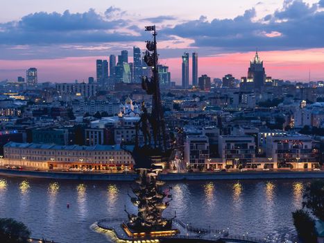 MOSCOW, RUSSIA - June 14, 2021. Panorama of Moscow at sunset - monument to Petr the Great, Bolotnaya and Prechistanskaya embankment.