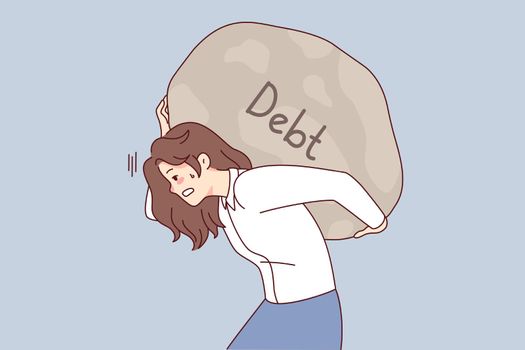 Tired woman carry debt stone on back