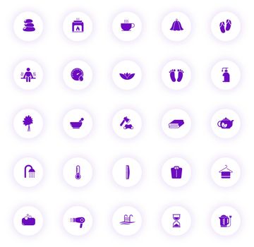 sauna purple color vector icons on light round buttons with purple shadow. sauna icon set for web, mobile apps, ui design and print