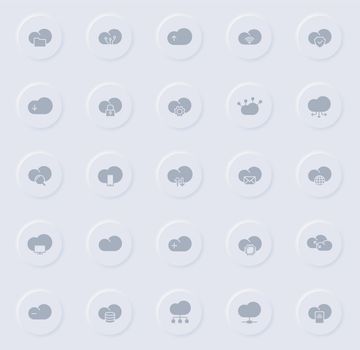 cloud computing gray vector icons on round rubber buttons. cloud computing icon set for web, mobile apps, ui design and promo business polygraphy