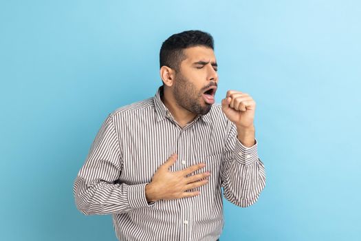 Bearded businessman coughing, catches cold, having high temperature, having influenza symptom.