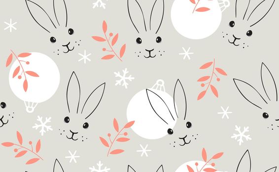 Rabbit Christmas balls seamless pattern. Bunny face. New Year vector illustration