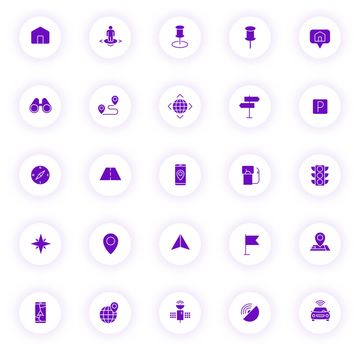 navigation purple color vector icons on light round buttons with purple shadow. navigation icon set for web, mobile apps, ui design and print
