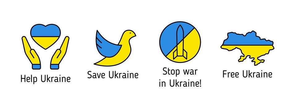 stop war in Ukraine blue and yellow outline filled icons with letterings. i stand with Ukraine. peace for Ukraine. pray for Ukraine