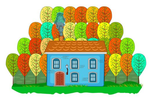 Home and trees in village isolated on white background. Country house in autumn forest.