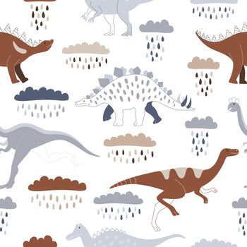 Prehistoric colored dinosaurs running under rain clouds on white background.