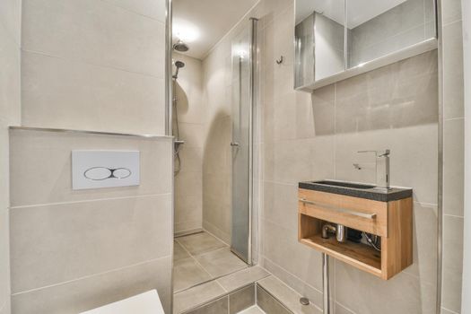 Interior of modern restroom with bathtub