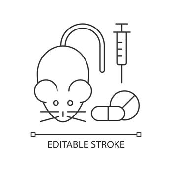 Testing medicine on animals linear icon. Clinical trials on mice, experimenting on rats. Thin line customizable illustration. Contour symbol. Vector isolated outline drawing. Editable stroke