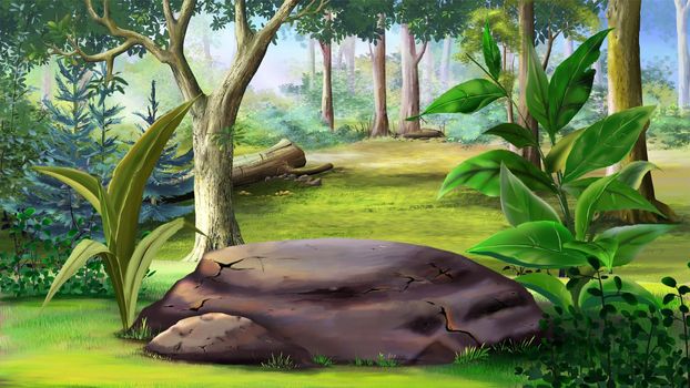 Big stone in the forest surrounded by trees. Digital Painting Background, Illustration.