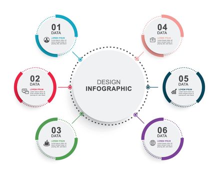 Infographics circle timeline with 6 number data template. Vector illustration abstract background.