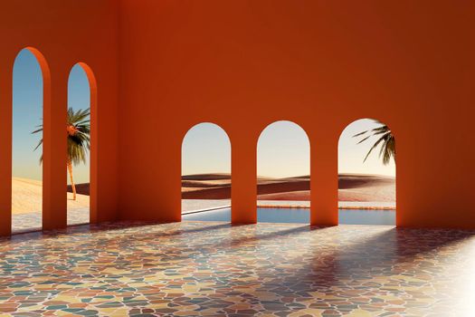 3d render summer scene design with luxury resort swimming pool and beautiful sunny desert landscape