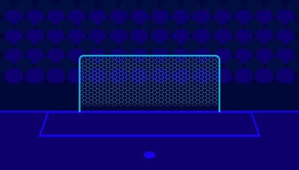 soccer field. football boots different team match show name bar time and score on center point. a goal in front of fan club chair. beautiful color background. vector illustration eps10