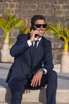 Cheerful male executive talking on cellphone