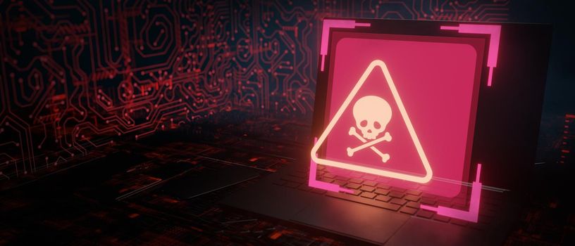 Computer System Error, Virus, Cyber attack, Malware Hack Concept. Danger Skull Symbol. 3d Rendering.