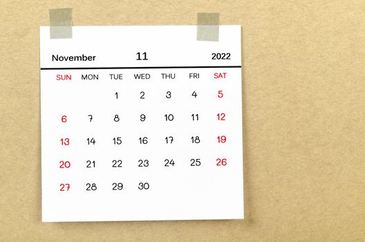 The November 2022 desk calendar on white background.