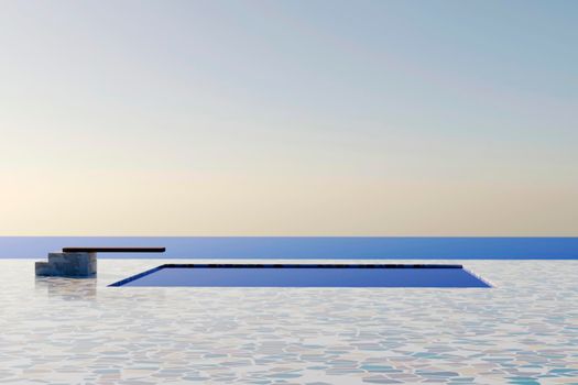 Private swimming pool with near beach and panoramic sea view at luxury house. 3d rendering