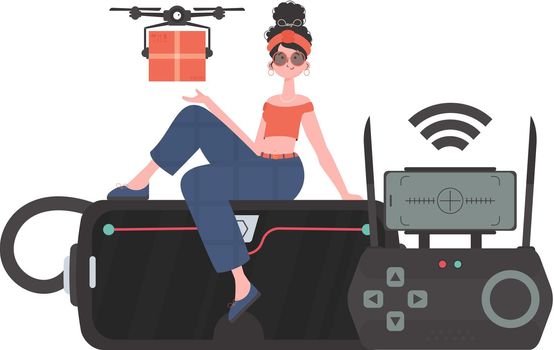 The concept of cargo delivery by air. A woman controls a quadcopter with a parcel. Isolated. Vector illustration.