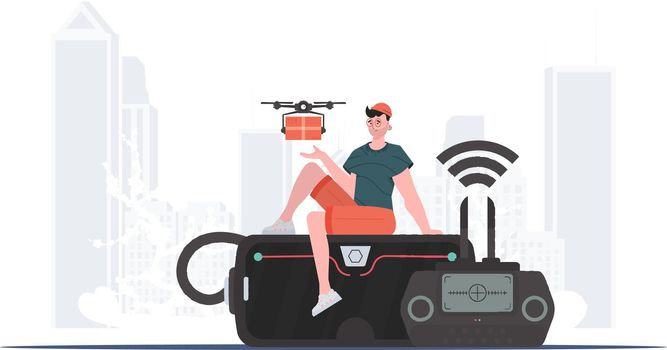 A man controls a drone with a package. The concept of cargo delivery by air. Vector illustration.