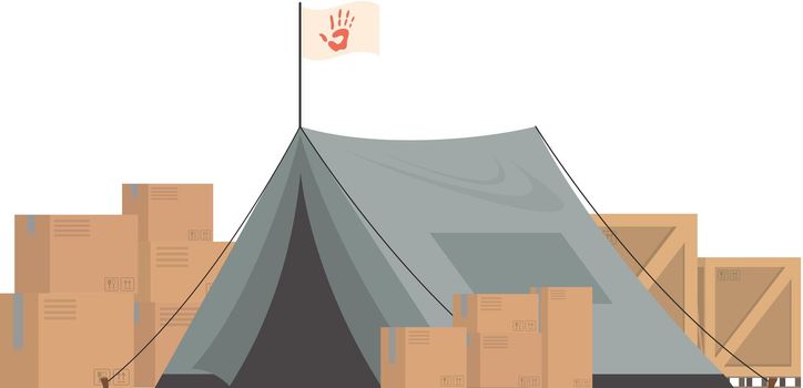Large dark green tent with boxes. Camp element for humanitarian aid. isolated. vector illustration.