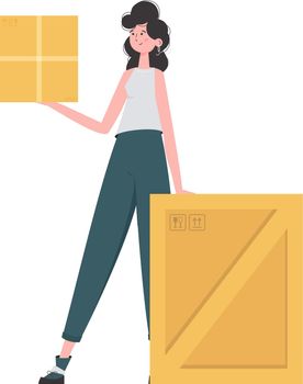 A woman stands and holds a parcel. Delivery concept. Isolated. Vector.