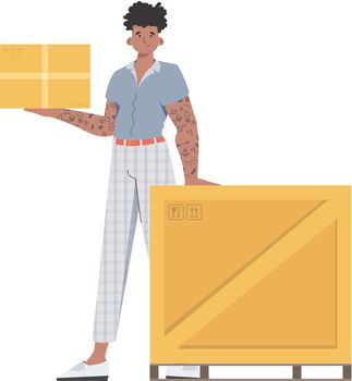 A man stands and holds a parcel. Delivery concept. Isolated. Vector.