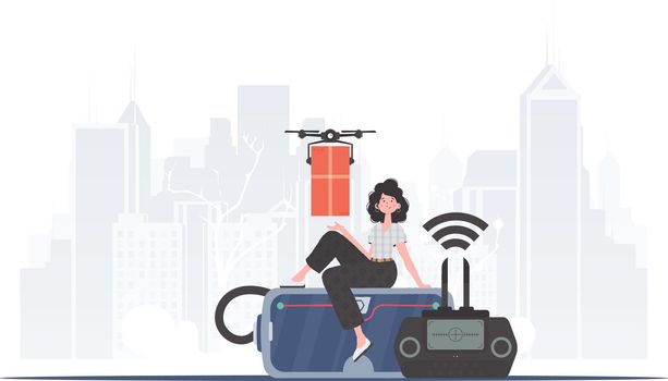 A woman controls a drone with a parcel. The concept of cargo delivery by air. trendy style. Vector.