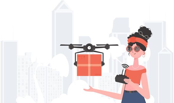 A woman controls a quadcopter with a parcel. The concept of cargo delivery by air. Vector illustration.