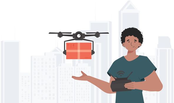 A man controls a quadcopter with a package. Delivery theme. Flat modern design. Vector.