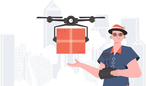 A man controls a quadcopter with a package. The concept of cargo delivery by air. trendy style. Vector.