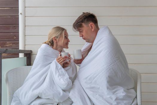 Happy blanket guy drink girl couple cute married young nature, from two man in relaxation and leisure husband, bedroom amorous. Closeness wife tenderness,