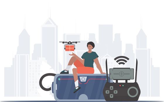 A man controls a drone with a package. The concept of cargo delivery by air. Flat modern design. Vector.
