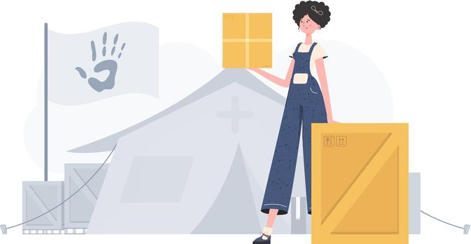 The woman is holding a parcel. The theme of humanitarian aid. trendy style. Vector illustration.