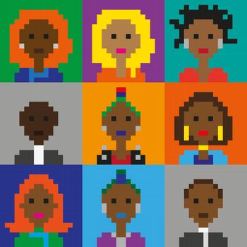 Set of pixel art avatar black working women. Women of all ages on colorfull background. Business lady afroamerican woman avatars.