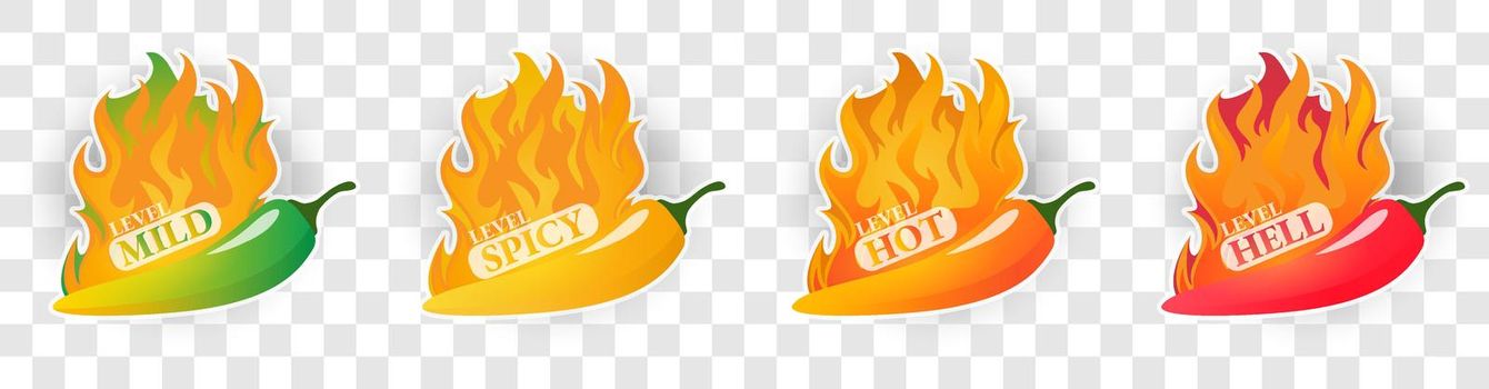Spicy level Hot chili pepper icons set with flame and rating