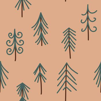 hand drawn seamless pattern with winter fir spruce christmas tree forest wood woodland. Boho bohemian beige green background in neutral pastel colors, simple minimalist childish print.