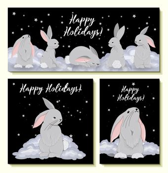 Set of greeting cards 2023. Happy holidays. Rabbit symbol of 2023.