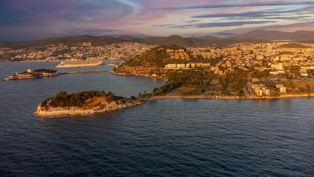 Aerial view of Kusadasi town, Turkey. The large resort town is a popular tourist destination in Turkey.