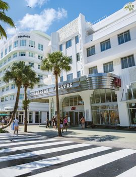 MIAMI BEACH - April 30, 2019: Beautiful Lincoln Road with H M shop. H and M shop at the shopping street in Miami Florida